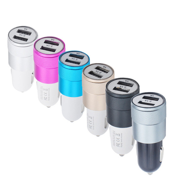 Metal Alumium Alloy Dual USB Port Car Charger 2.1a 1A Car Charger with LED Light for Iphone Samsung Universal