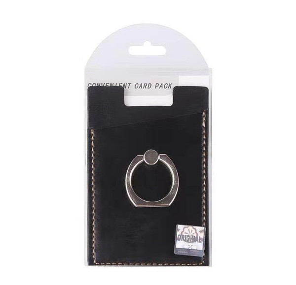 PU Leather Cell Phone Wallet Pocket Pouch Card Holder With 360 Ring Stand for Mobile Devices Adhesive Sticker Back With Retail Packaging