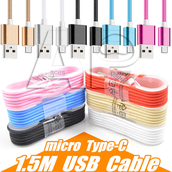 1.5M Type C 3ft 6ft 10ft Braided USB Charger Cable Micro V8 Cables Data Line Metal Plug Charging for Samsung S9 Plus