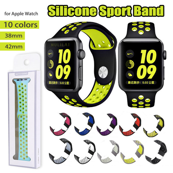 42mm 38mm Rubber Silicone Hole Loops Wrist Band for Apple Watch Strap Bands Sports Bracelet for apple iwatch Series 1 2 3 with pakcage