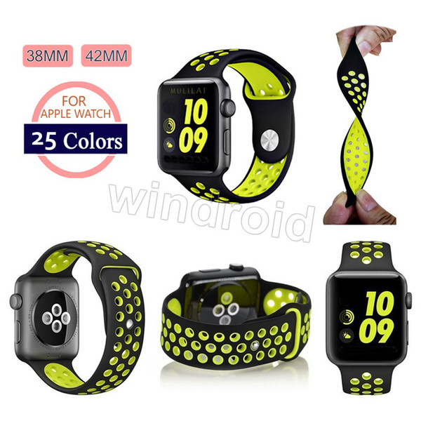 Hole Loops Strap Replacement Silicone Wrist Bracelet Sport Band Strap For Apple Watch wristband iwatch 38mm 42mm 25 colors with opp bag