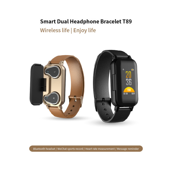 T89 BT 5.0 Smart Wireless Dual Headphone Wristband Heart Rate Monitor Multi Sport Mode Remind Smart Watch Wearable Device