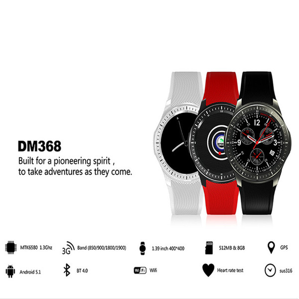 DM368 GPS Smart Watch GSM Phone Android 5.1 8GB Heart Rate Monitor Sport Pedometer 3G WCDMA Wifi Bluetooth OLED Smartwatch Wearable Devices