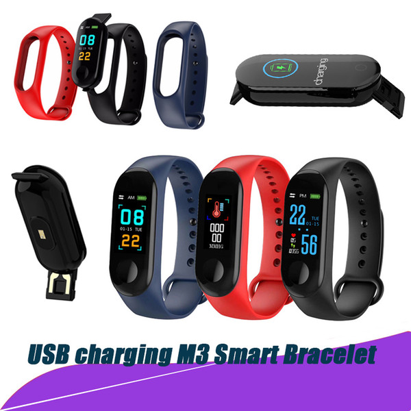 TOP USB charging M3 Fitness Bracelet Blood Pressure Heart Rate Monitor Colorful Touch Screen IP67 Waterproof Smart Bracelet For IOS Android