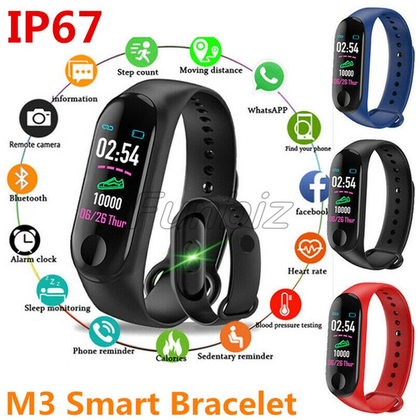 2019 New M3 Fitness Tracker Smart Bracelet Waterproof Band Wristband Tracker Blood Pressure Sleep Monitoring Smart watch 200pcs DHL