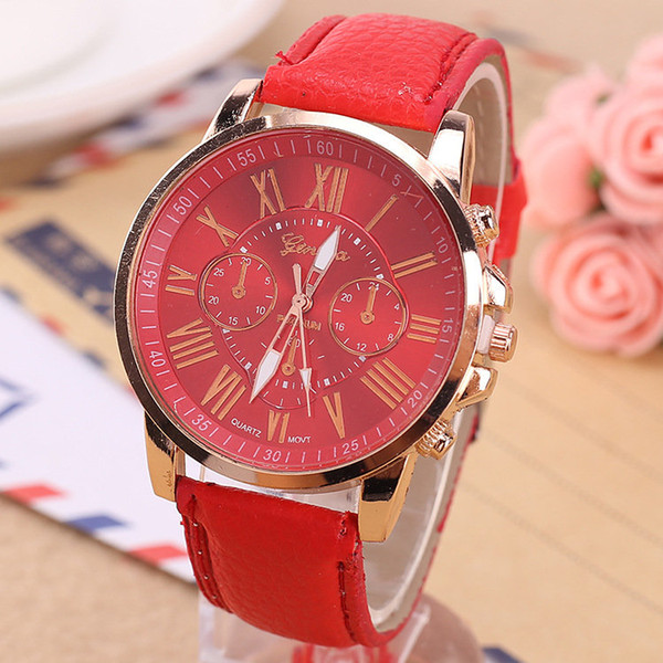 Women's watch ge* ne *va * fake three-eye belt fashion female models Roman scale female watches