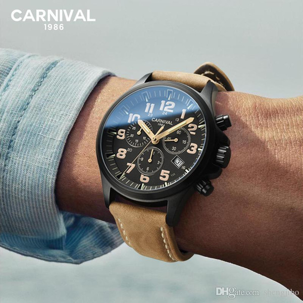 Carnival Luxury Brand Watch Men Quartz Men's Watches Luminous Hands Watch Male Waterproof reloj hombre Genuine Leather C8818G-6