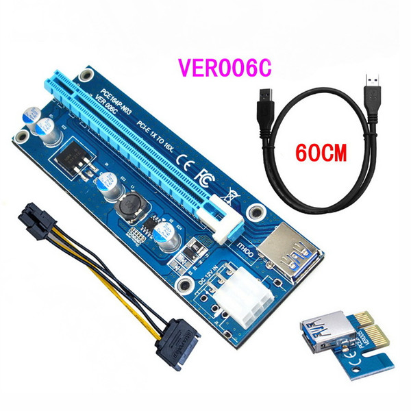 PCI-E Express Extender Riser Card Adapter 1X to 16X w/6 Pin Power Cable USB 3.0 Ports Cables Ver006C 60cm