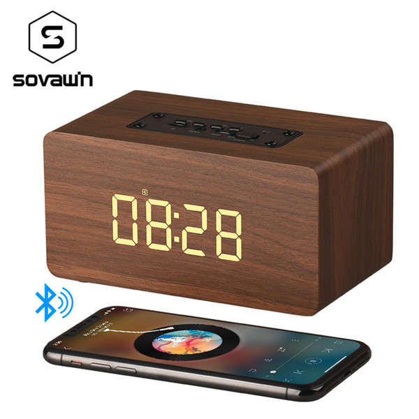 Sovawin Wooden Wireless Speaker Bluetooth Digital Alarm Clock HIFI Portable Handfree Speaker With Microphone Support TF Card MP3