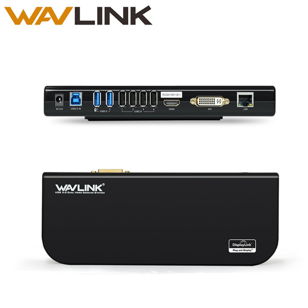 wavlink usb 3.0 universal laptop docking station dual video support dvi/hdmi/vga to 2048X1152 external graphics ethernet 6 ports