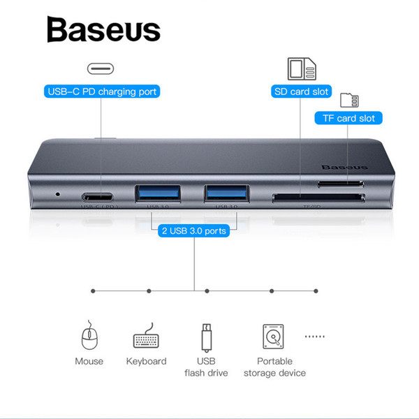 Baseus Gray 5 in 1 HUB Adapter USB Type C to USB 3.0*2 / SD / TF for Macbook Pro Computer Accessory with Type C PD Power Supply