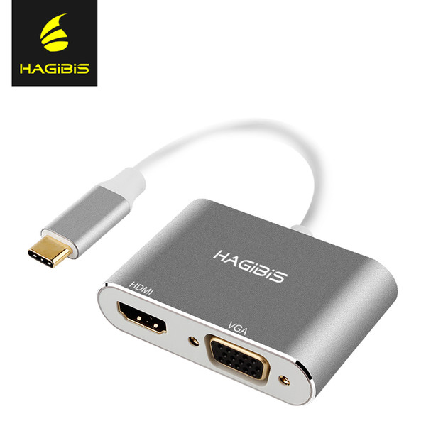 Hagibis Type-C USB C 3.0 Hub to HD 4K HDMI and HD 1080P VGA Port 2-in-1 9cm Line USB C Hub Type-C 3.0 for Laptop PC