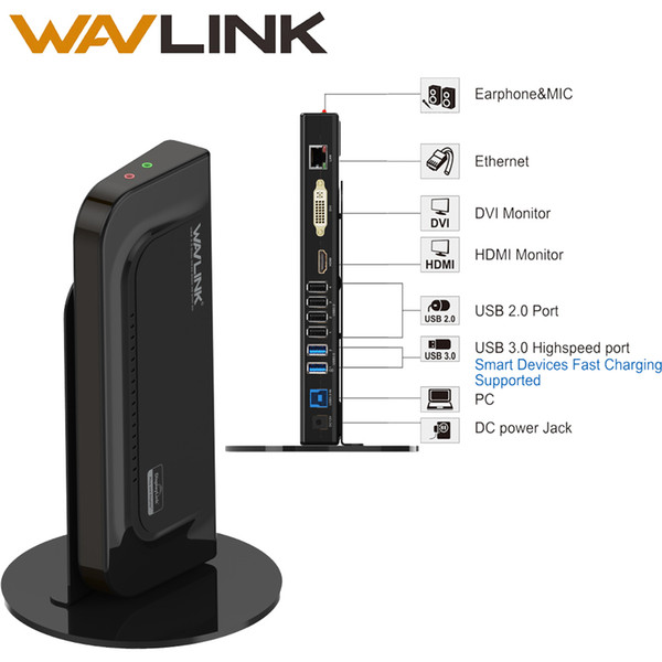 USB3.0 UNIVERSAL DOCKING STATION DUAL DISPLAY VERTICAL STAND SUPPORT DVI/HDMI/VGA GIGABIT ETHERNET FOR LAPTOP/PC/MAC OS WAVLINK