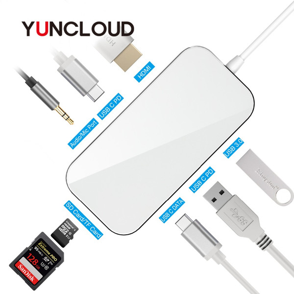 YUNCLOUD Laptop Docking Station Type C 3.1 USB-C to USB 3.0 4K HDMI 3.5mm Audio SD/TF Card Reader PD Hub Splier For Macbook