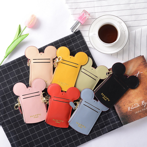 Cute Mini Card Package Coin Pusre Name Credit ID card Bag Cartoon Ear Happy Dream Zipper Lanyard Neck Strap Card Slot Holder A52201