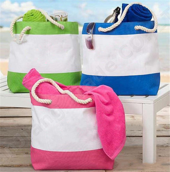 Women Canvas Handbags Patchwork Color Striped One Shoulder Bags Hemp Rope Shoulder Belt Beach Travel Shipping Bags Hot A52005