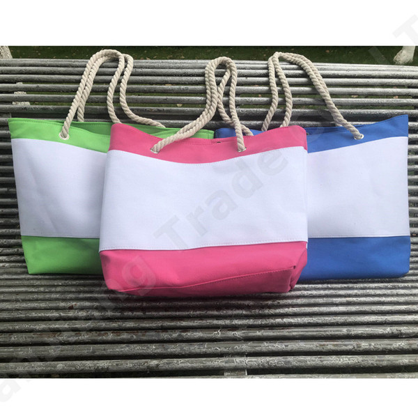 Women Canvas Handbags Patchwork Color Striped One Shoulder Bags Hemp Rope Shoulder Belt Beach Travel Shipping Bags New A52005