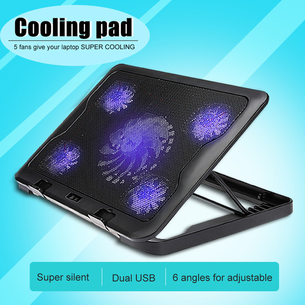 C5 Laptop Cooling Pads 5 Fans With LED Light Dual USB Cooling 6 Levels Adjustable Stand Cooling Fans For 10-17 Inch Tablet PC