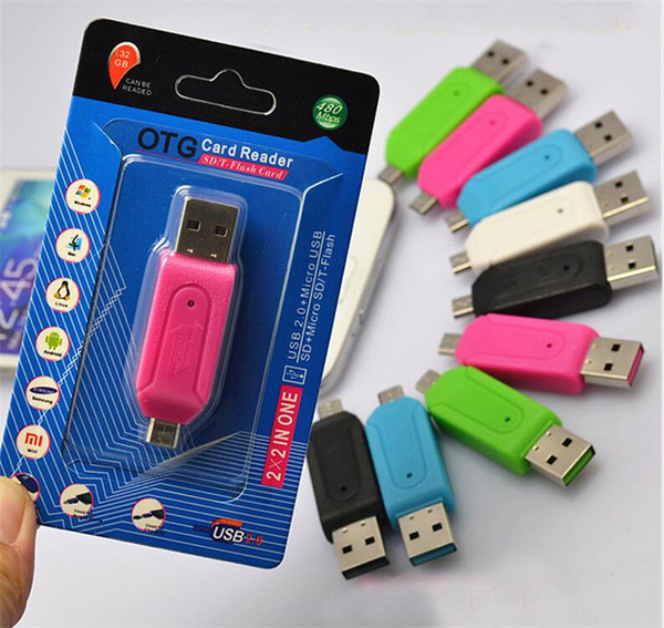 2 in 1 USB Male To Micro USB Dual Slot OTG Adapter With TF/SD Memory Card Reader with package For Smartphone Tablet pc Samsung