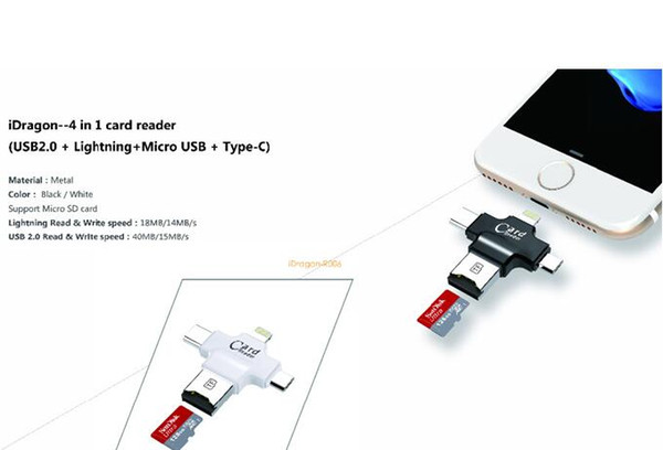 2017 newest hot selling model 4 in 1 card reader USB+for iphone+android+type-c