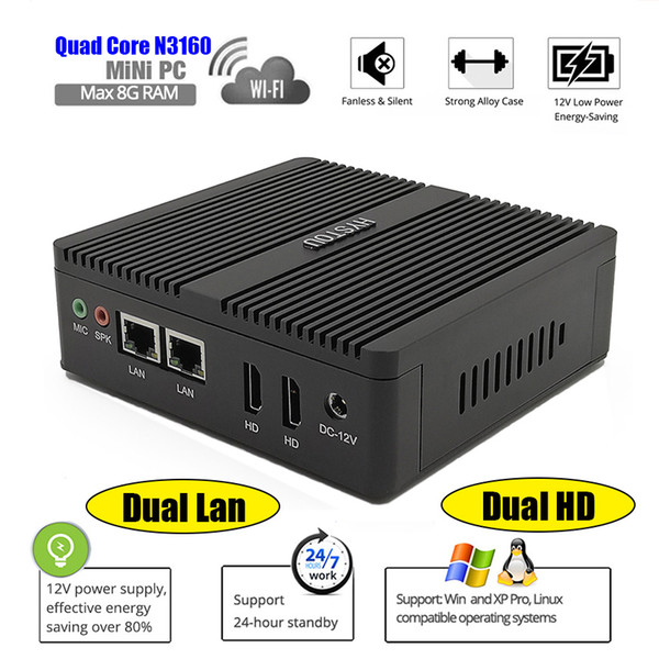 Rugged PC Celeron N3160 Quad Core Fanless Mini PC 2.24GHz Dual Nuc Dual HDMI Linux Windows 10 Mini Desktop Computer Sever