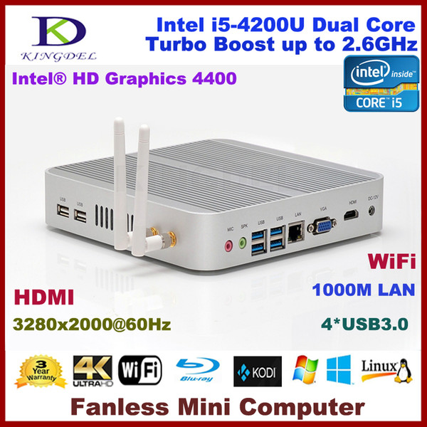 3 Year Warranty Fanless Mini PC,4K HTPC,Nettop with Intel Haswell i5-4200U CPU,3280*2000,HDMI, 4*USB3.0,300M WiFi,Windows 10 Pro