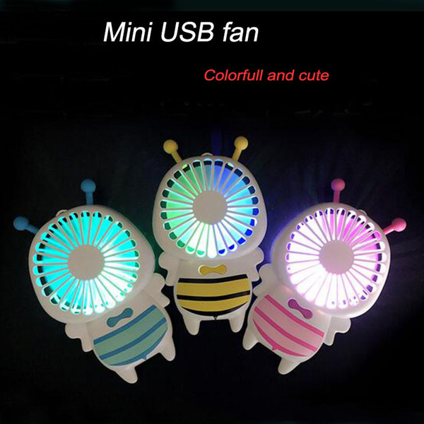 Cute Bee Small Fan Portable 2 Speed Adjustable USB Led Light Mini Portable Handy Bee Fashion Rechargeable Fan DHL free shipping