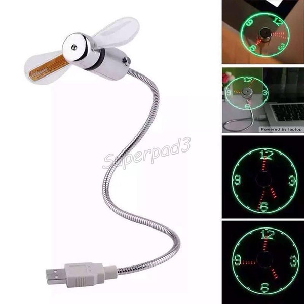 LED USB Mini Fan Flexible Gooseneck Time Display Function Clock with Green LED Light Office Desk Coolling Gadget For PC Notebook Computer