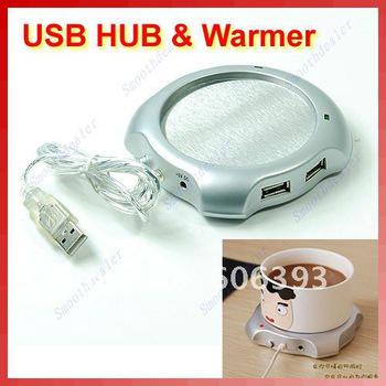 Free shipping New Silver 4 Port USB Hub + Tea Coffee Beverage Cup Electric Warmer Heater