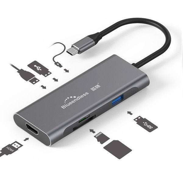 USB C Hub 7-In-1 Type-C Adapter Multiport Converter with 4K USB-C to HDMI USB3.0 D Card Reader Pd Charging for MacBook Chromebook