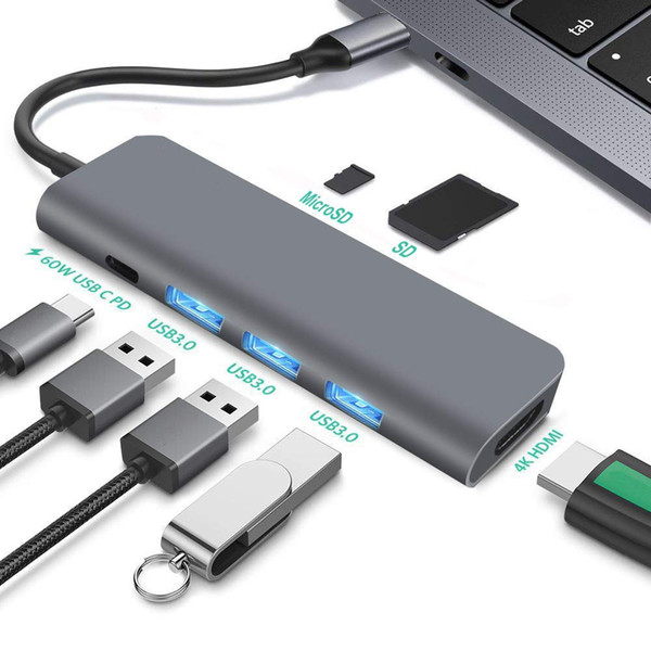 USB C Hub 7-in-1 Type C Adapter with 4K HDMI, 60W Power Delivery, 3 USB 3.0, SD/Micro Card Reader