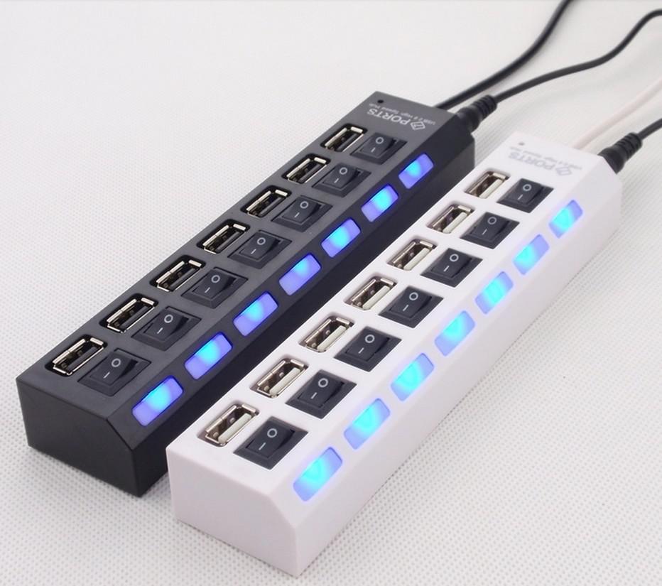 USB 2.0 HUB Power Strip 7 Ports Socket LED Light UP Concentrator with Switch AC Adapter for Mouse keyboard Charger PC Desktop Laptop Tablet