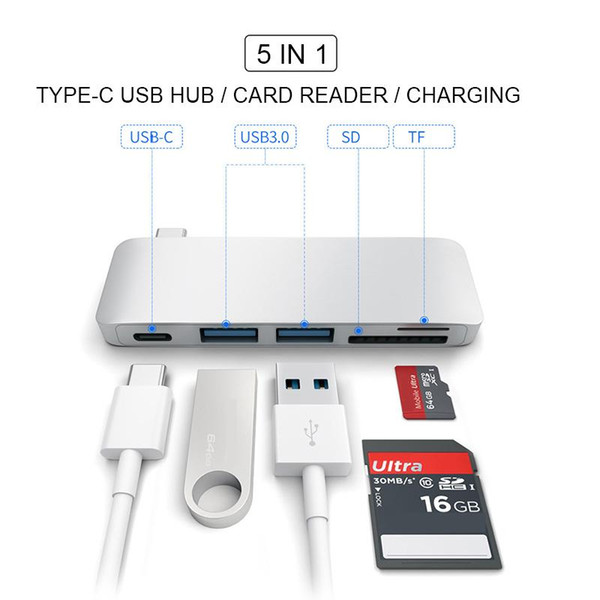 Multifunctional 5 in 1 USB C Hub to Dual USB 3.0 Video HD SD TF Card Reader Type C Adapter for MacBook 10pcs/up