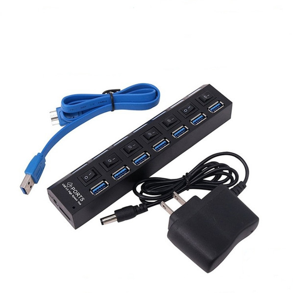 USB3.0 7 Ports LED USB High Speed Adapter Hub With Power Switch For PC Laptop Computer Retail packaging DHL Shipping