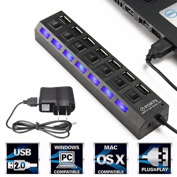 High Speed Black White 7 Ports LED USB 2.0 Adapter Hub Power on/off Switch Usb Cable computer accessories For PC Laptop