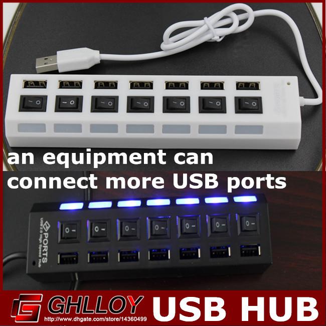 7 PORTS ON / OFF Switch USB 2.0 High Speed HUB Expansion Splitter Adapter For laptop U-disk White and Black Colors free shipping 20PCS UP