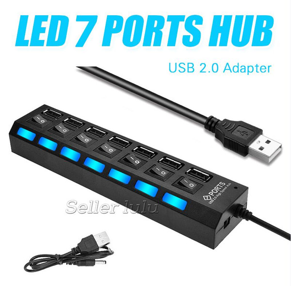 LED 7 Ports High Speed USB Hub 2.0 480Mbps Hub USB On/Off Switch Portable USB Splitter Peripherals Accessories For Compute