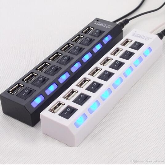 7 port USB HUB With Independent Switch HUB Multi LED High Speed USB 2.0 480Mbps On Off Switch Portable USB Splitter with retail package DHL