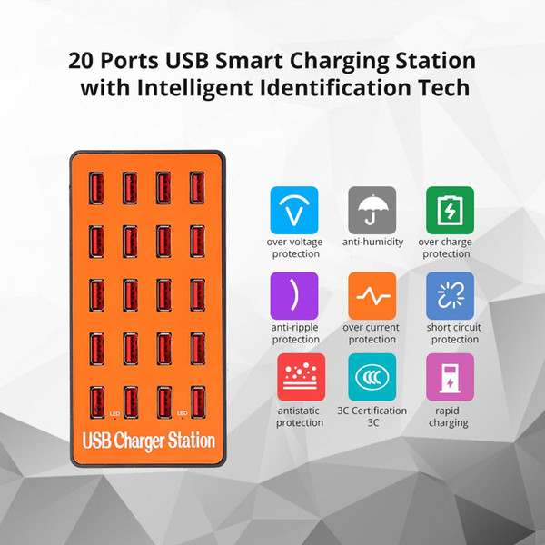 100W 20-Port USB Hub Wall Charger Adapter Smart Charging Station with Auto Detect Tech and Foldable Plug for Family Phone Tablet