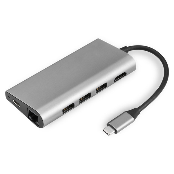 Multifunctional 8 in 1 USB-C Hub Triple USB 3.0 HUMI Video SD TF Card Reader RJ45 Ethernet Adapter for MacBook Tablet