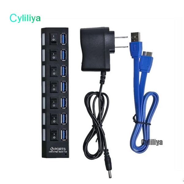 High Speed 7 Ports USB 3.0 Hub With On/Off Switch USB Splitter AC Power Adapter For PC Laptop Notebook Computer