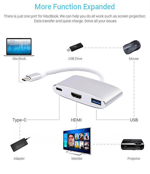 2018 Hot Selling Type C USB 3.1 HUB USB-C to USB 3.0 4K HDMI Adapter with Charging Port for Macbook