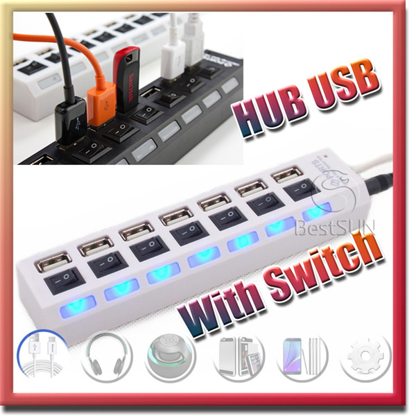 USB 2.0 HUB usb Power Strip 7 ports socket LED Light UP Concentrator with Switch 4 laptop mouse keyboard for Iphone Samsung