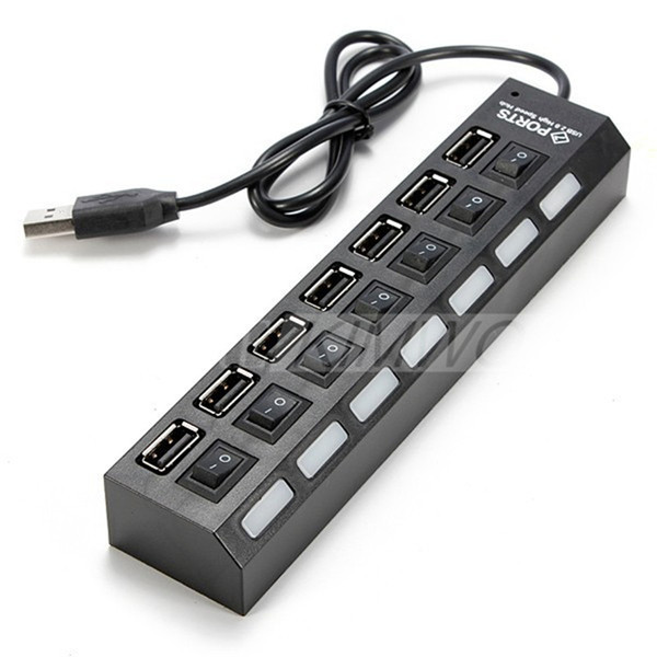 High Quality 7 Ports LED USB Hubs High Speed Adapter USB Hub With Power on/off Switch For PC Laptop Computer 60038 DHL