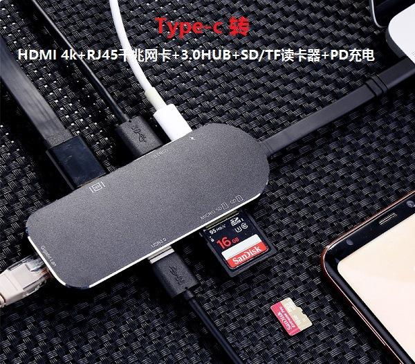 6-in-1 USB-C Multifunction type c Hub with SD TF Card Reader USB 3.0 Hub Adapters for Macbook Projector Support HDMI 4K Output