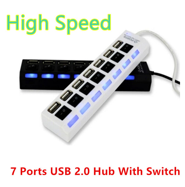 High Quality 7 Port USB 2.0 White Black Hub With LED Light High Speed Power Plug ON/OFF Switch For MAC PC Laptop Universal