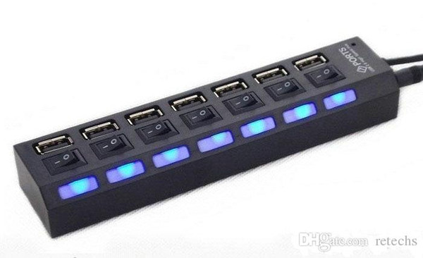 Hot 7 Ports LED USB High Speed Adapter USB 2.0 Hub With Power Switch For PC Laptop Computer Retail packaging DHL Shipping