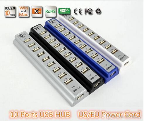 10 Ports USB Hub 480Mbps High Speed USB 2.0 Hubs with US Power Supply Adapter Computer Peripherals for PC Laptop Notebook combine with 1.0