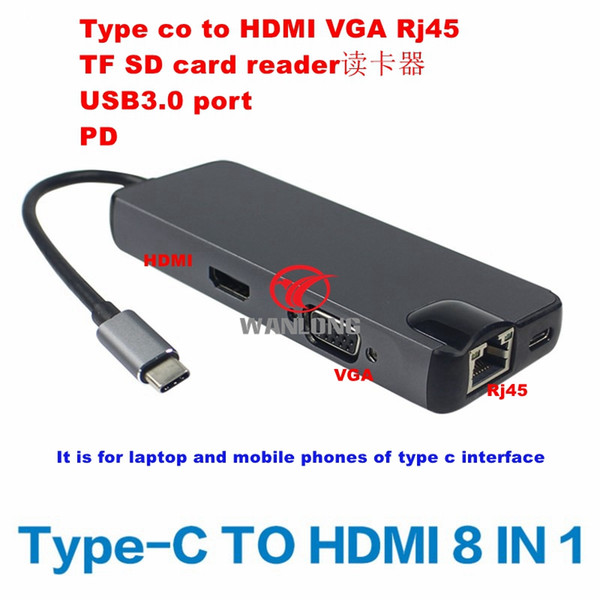 8 in 1 Type-c to hdmi 4K VGA converter TF SD card reader USB3.0 HUB rj45 1000Mbps shipping free