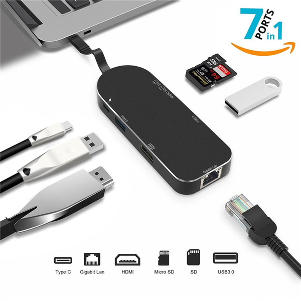 7-in-1 USB C Hub Type C Hub Aluminum USB C Adapter 3.1 Charging Port with 4K HDMI Port Card Reader Ethernet Macbook Pro